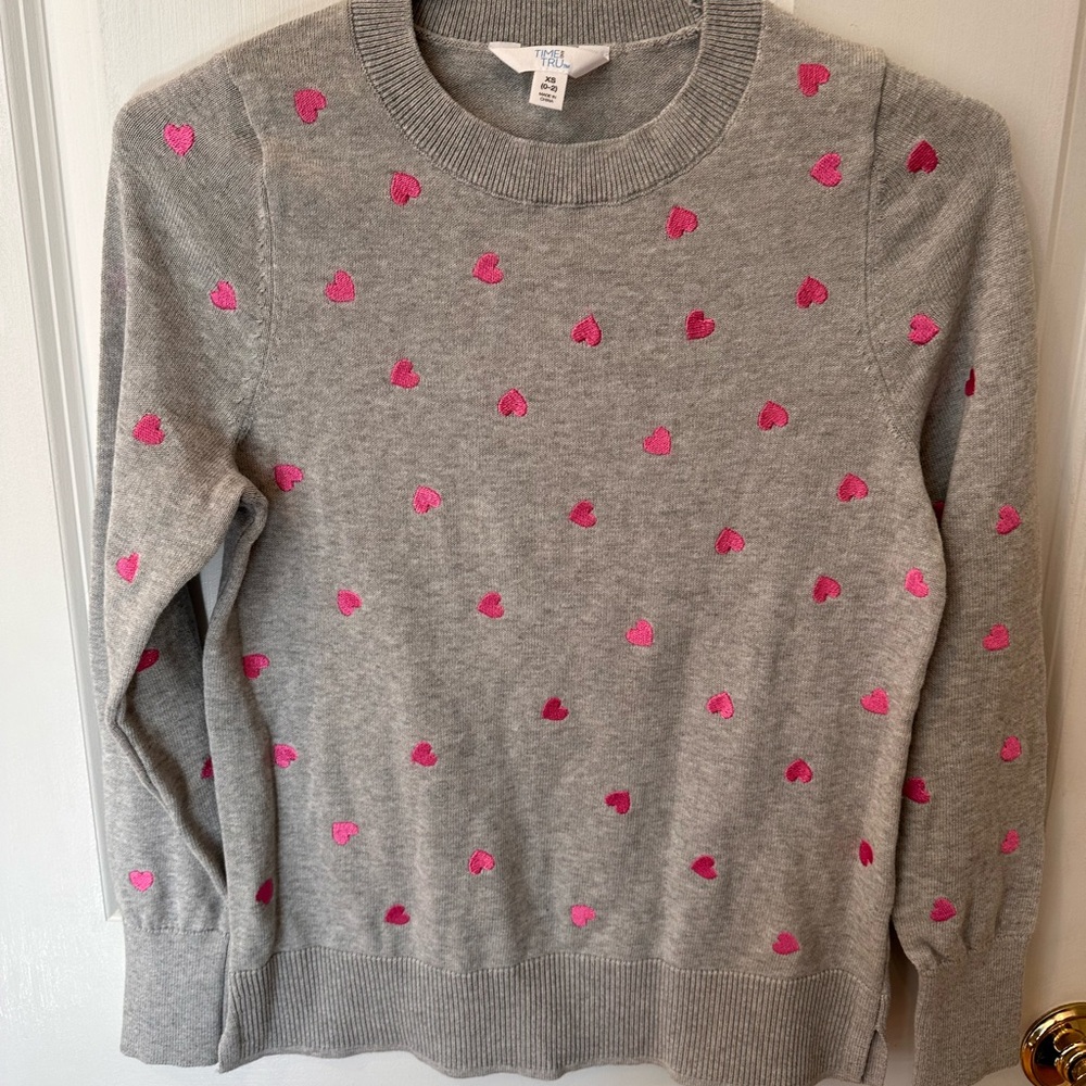 Time and Tru Gray Crewneck Sweater with Hot Pink Heart Motif
NWOT